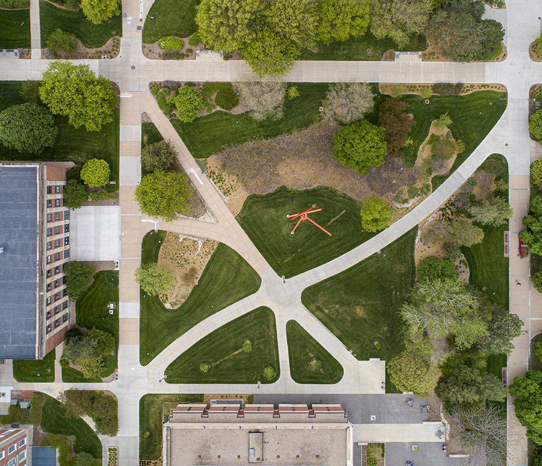 Aerial view of Carter Garden and Old Glory sculpture. 