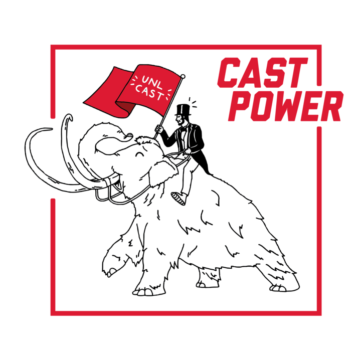 Abraham Lincoln holding a red flag riding Archie the mammoth. Red box and red text reading CAST POWER.